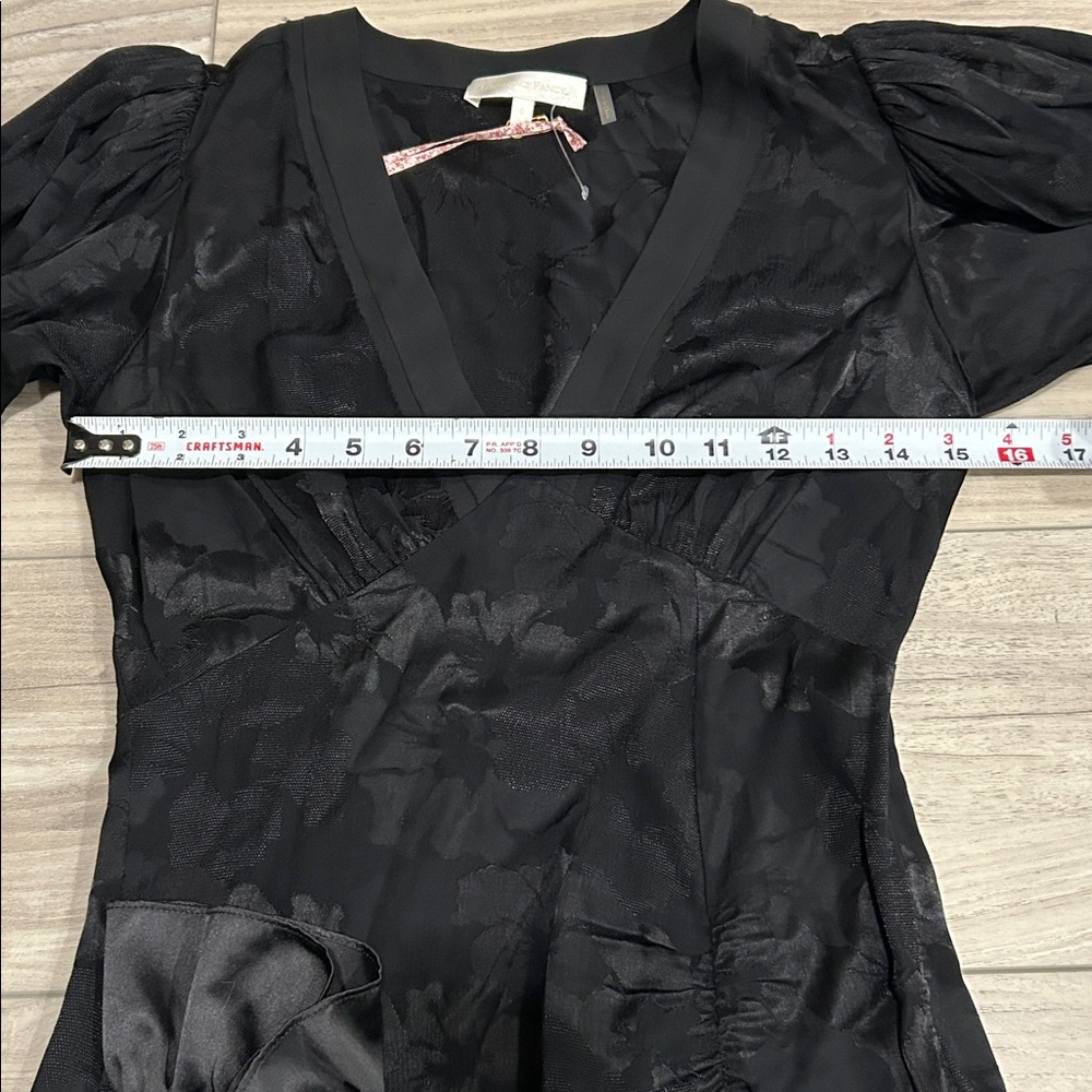 LoveShackFancy Black Jacquard Puff Sleeve Mini Dress XS Satin Ruffle Hem NWT - Picture 12 of 16